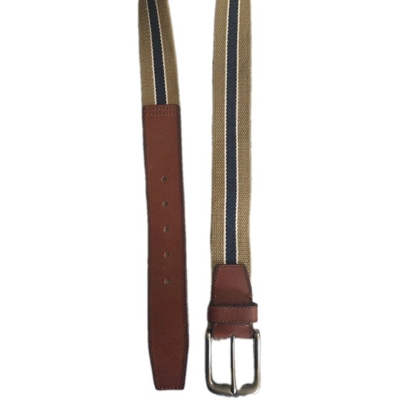 EVEN TIDE Belt Woven Fabric/Leather Trim Belt Tan & BLUE Sz 34 - Picture 4 of 4